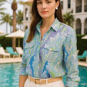 Lauren Ralph Lauren Cotton Blue Green Paisley Button Up Shirt Size XL Prep Boho